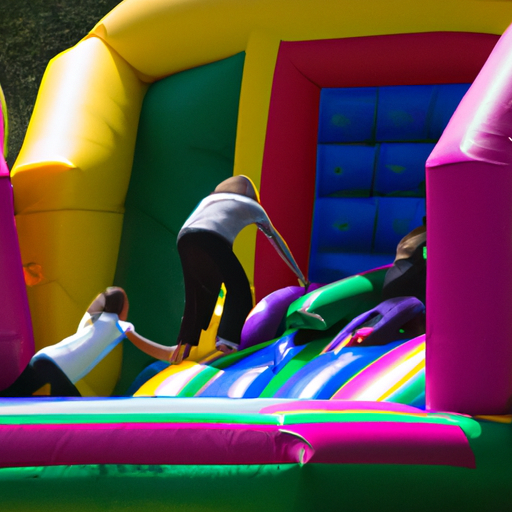 קבוצת ילדים משחקים בהתרגשות על בית מקפצה מתנפח גדול וצבעוני במסיבת יום הולדת.